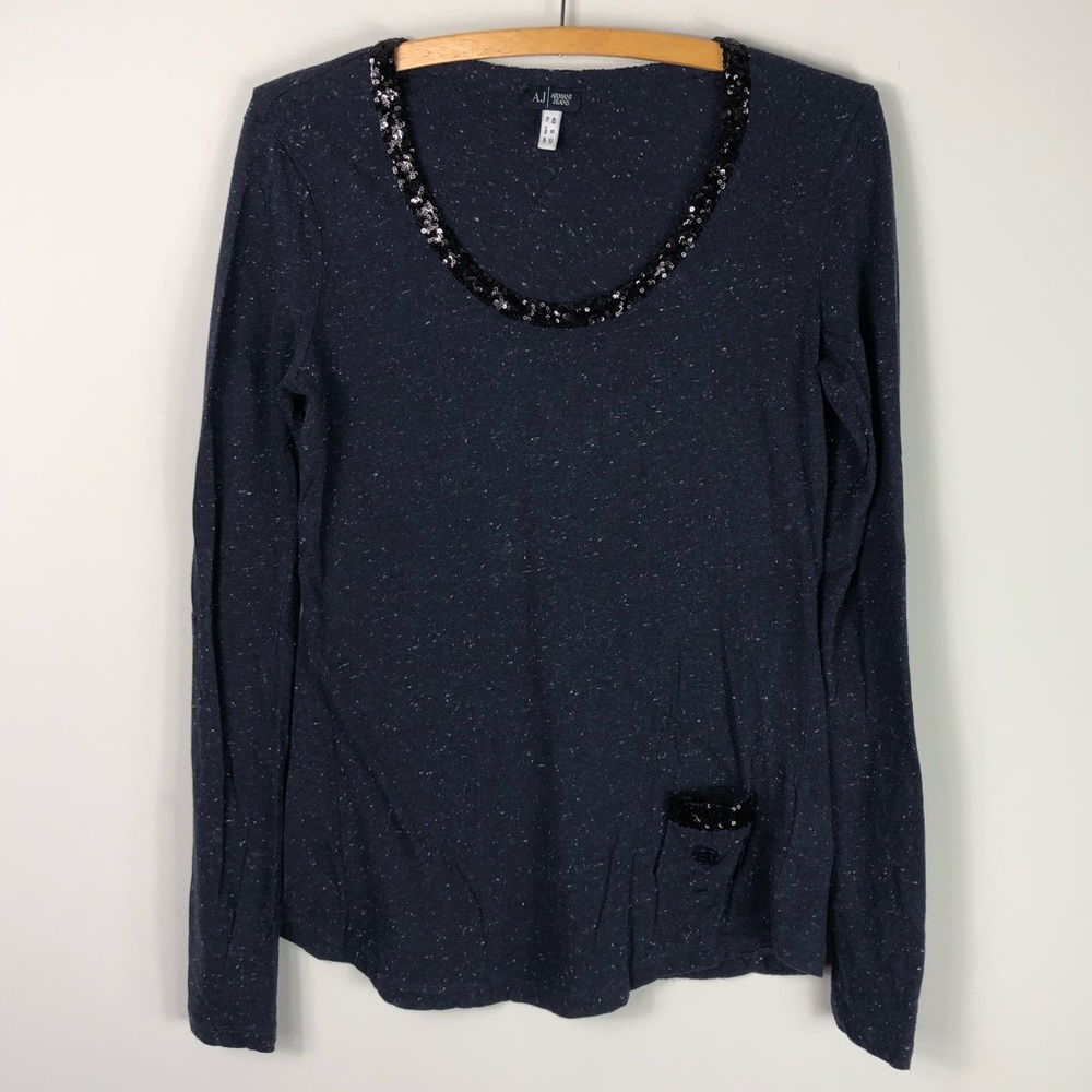 Armani Jeans Blue Scoop Neck Shirt Sequins 416